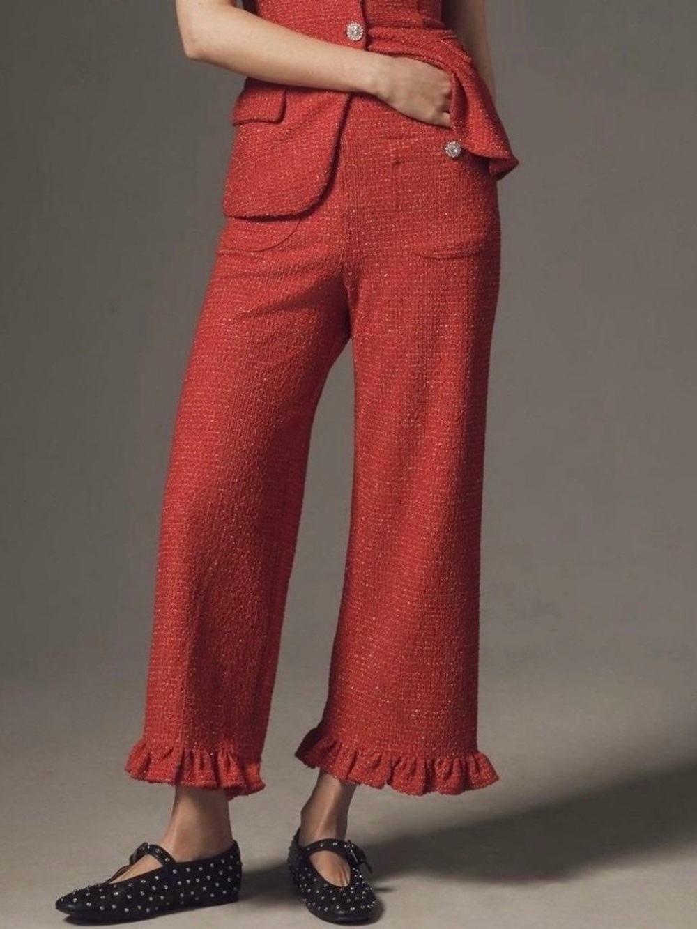Anthropologie Maeve - Women's Red Ruffle-Hem Wide Leg Pants